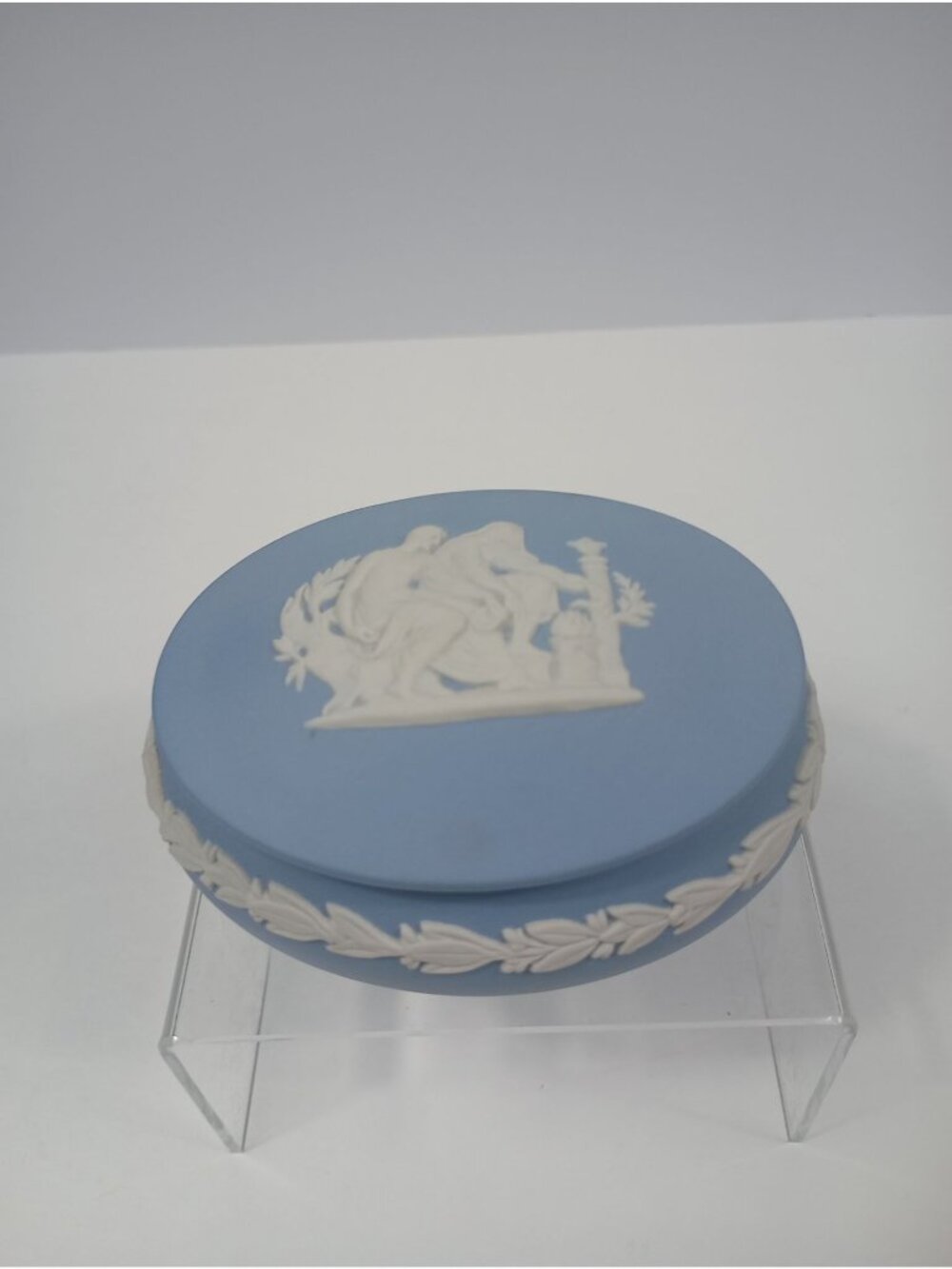 Vintage Oval Wedgewood Jasperware in Pale Blue Apollo Lidded Trinket Box Made in